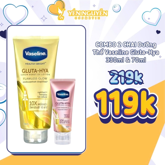 [MUA 1 TẶNG 1] Dưỡng Thể Vaseline Healthy Bright Gluta-Hya Flawless Bright 330ml TẶNG Dưỡng Thể Vaseline Healthy Bright Gluta Hya Dewy Radiance 70ml